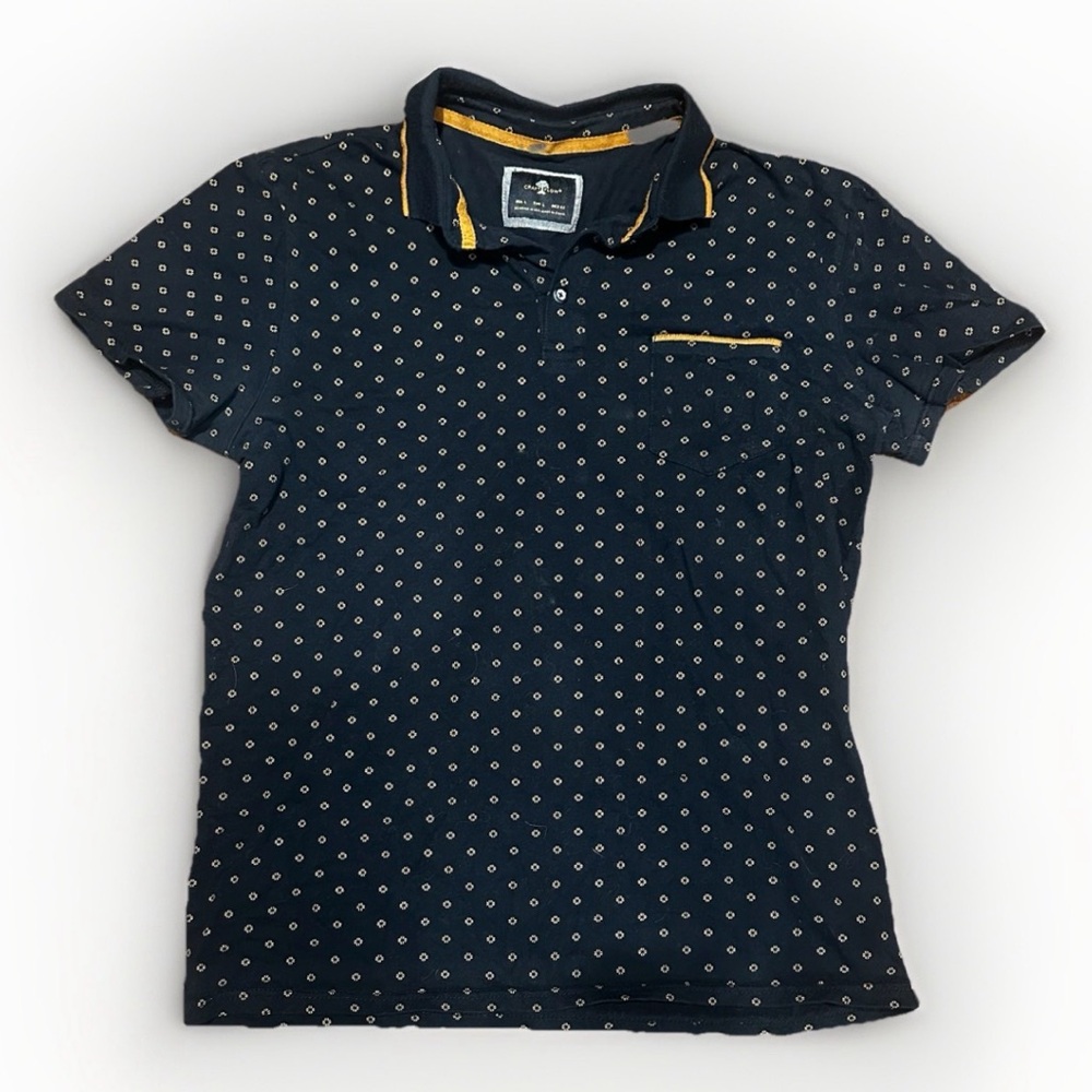 Craft Flow Men Polo Shirt Large Navy Short Sleeve Collar Casual Blue Gold Cotton